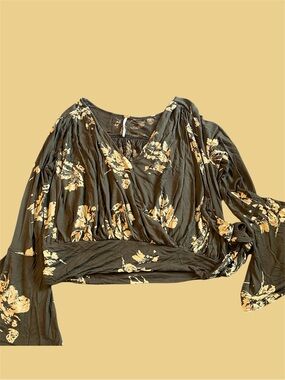Free People Black Floral Wrap Crop Top with Yellow Print